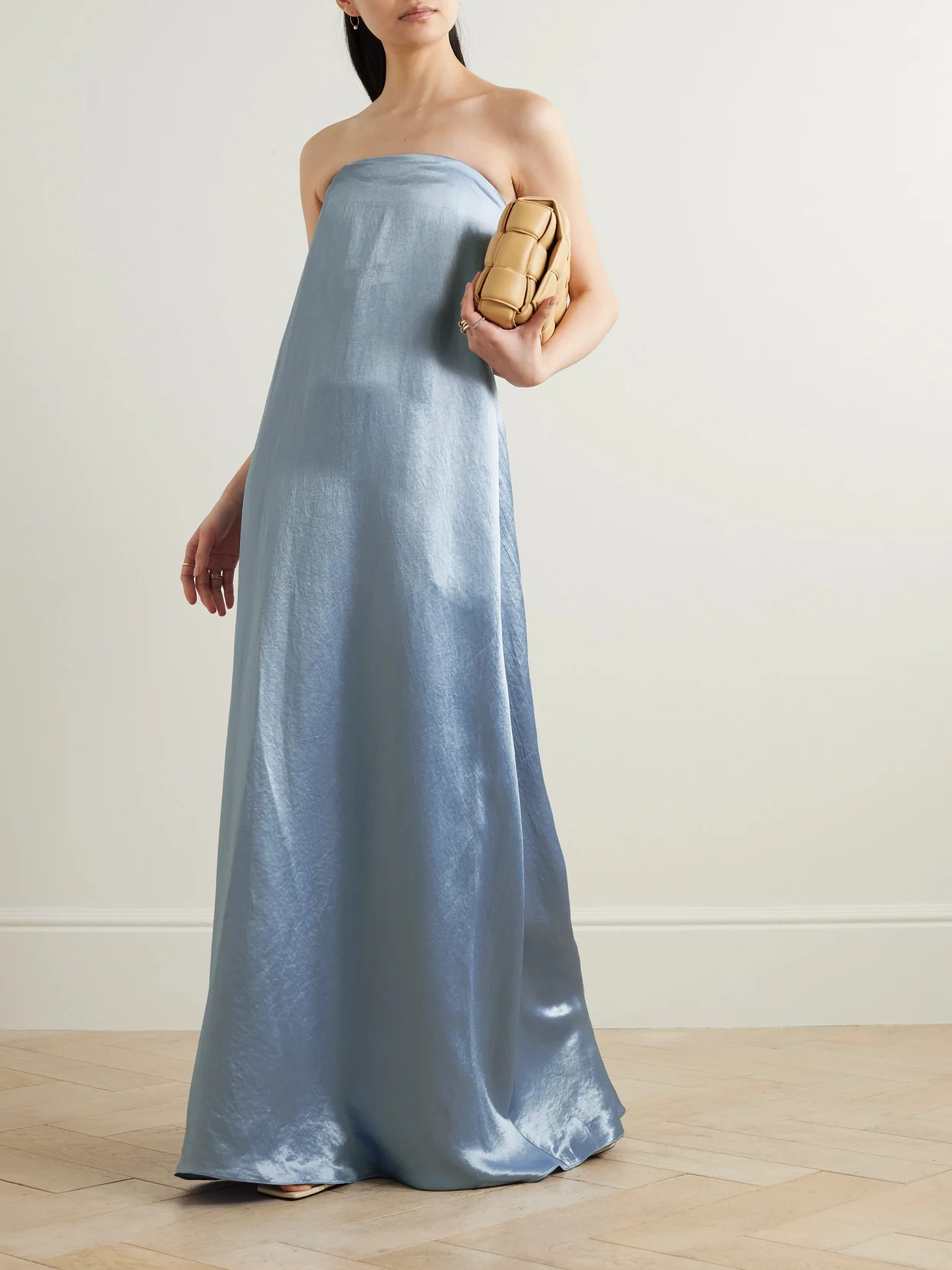 Bridesmaid dresses in steel blue and champagne satin