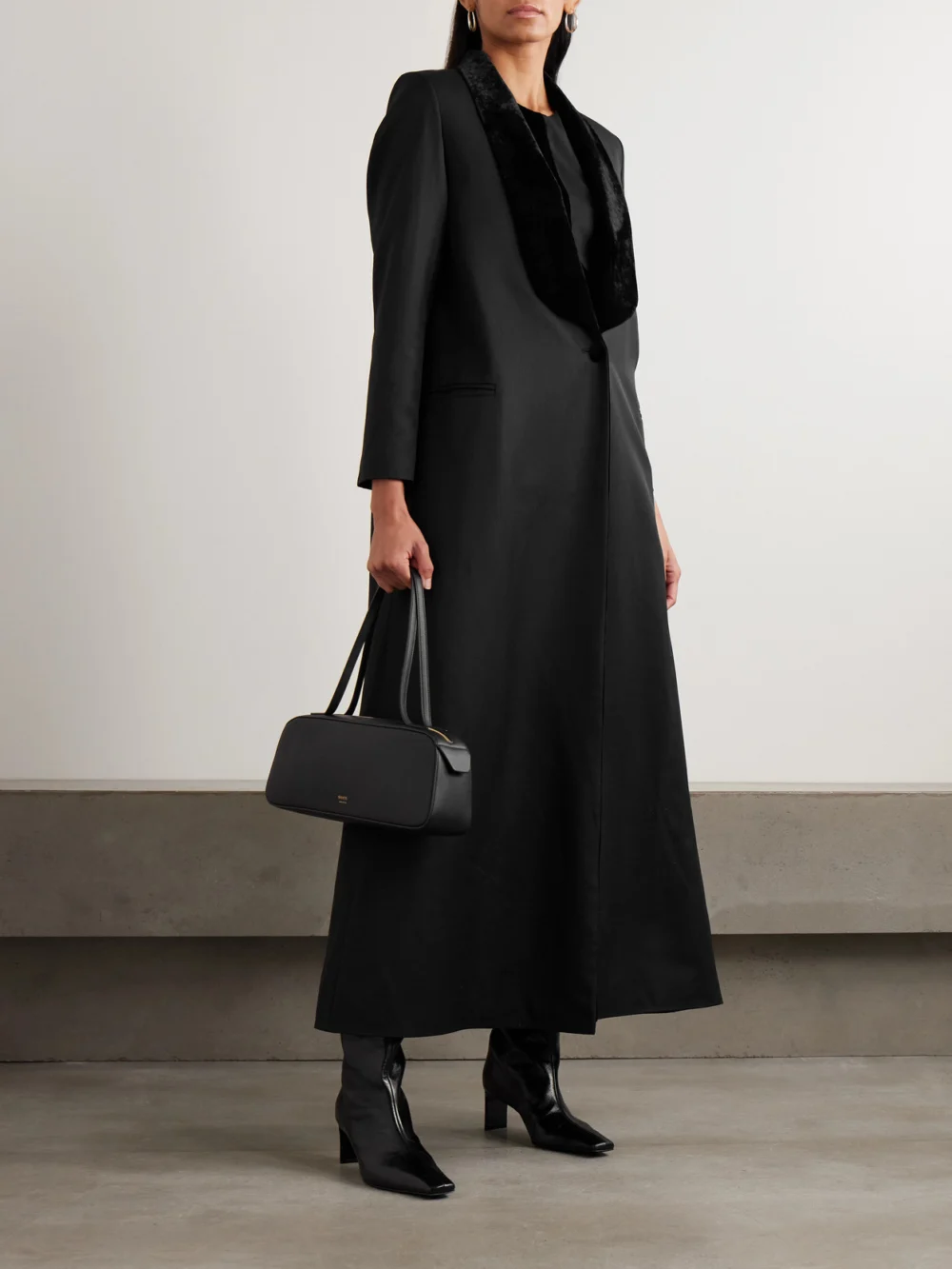 Abadia Joud Crushed Velvet-trimmed Wool-blend Twill Coat, worn by a model