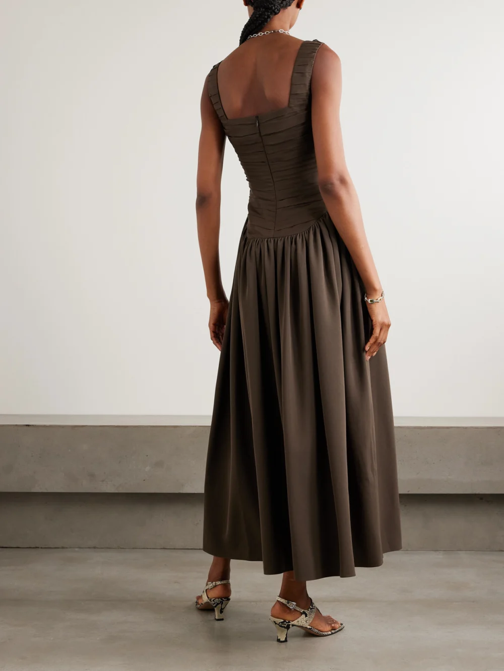 Back view of the Abadia Kaia Ruched Gathered Chiffon and Twill Midi Dress