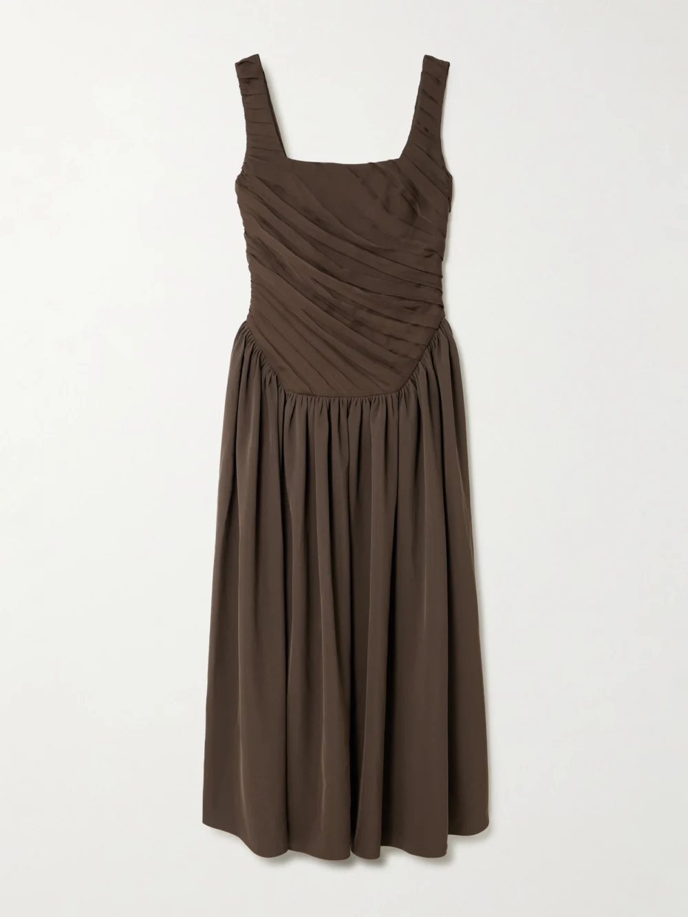 Abadia Kaia Ruched Gathered Chiffon and Twill Midi Dress in brown