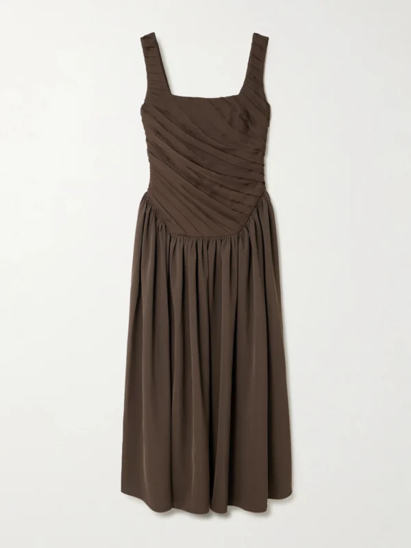 Abadia Kaia Ruched Gathered Chiffon and Twill Midi Dress