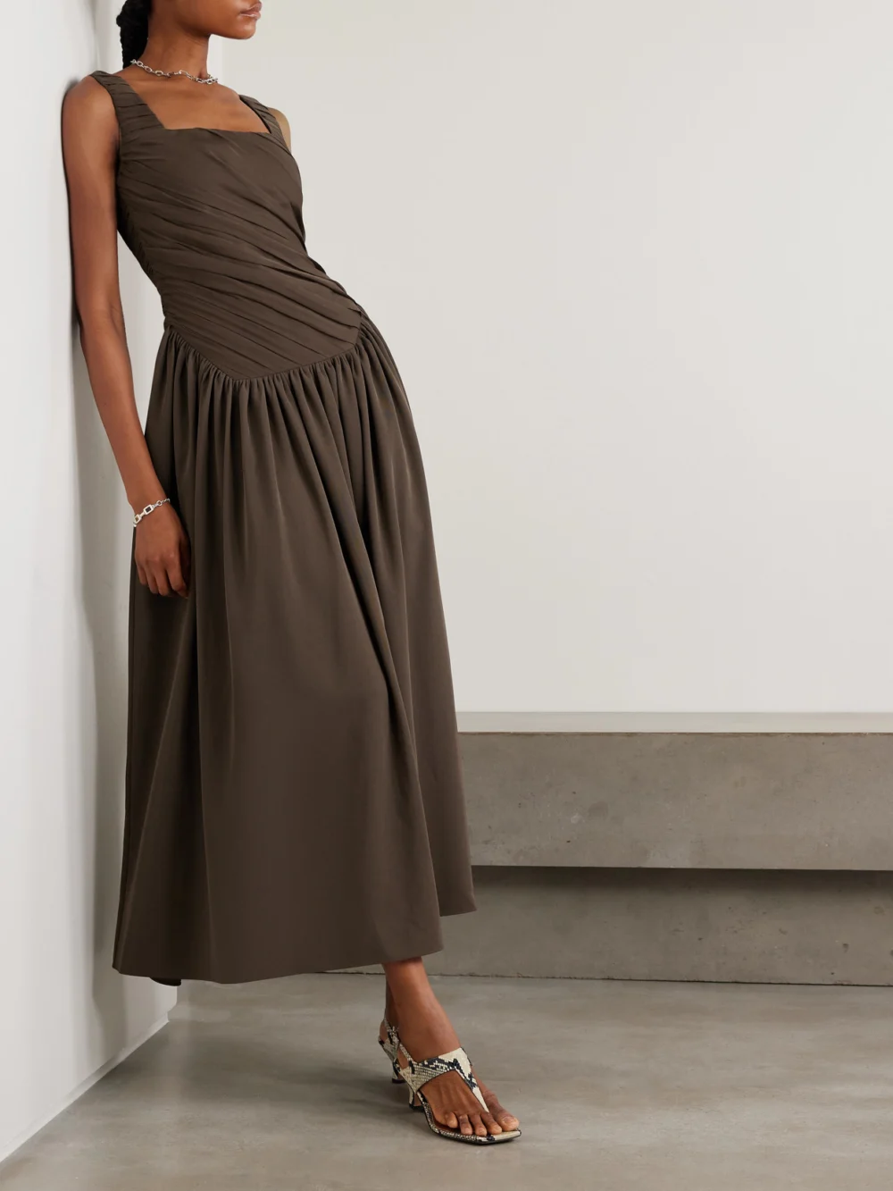 Abadia Kaia Ruched Gathered Chiffon and Twill Midi Dress, worn by a model