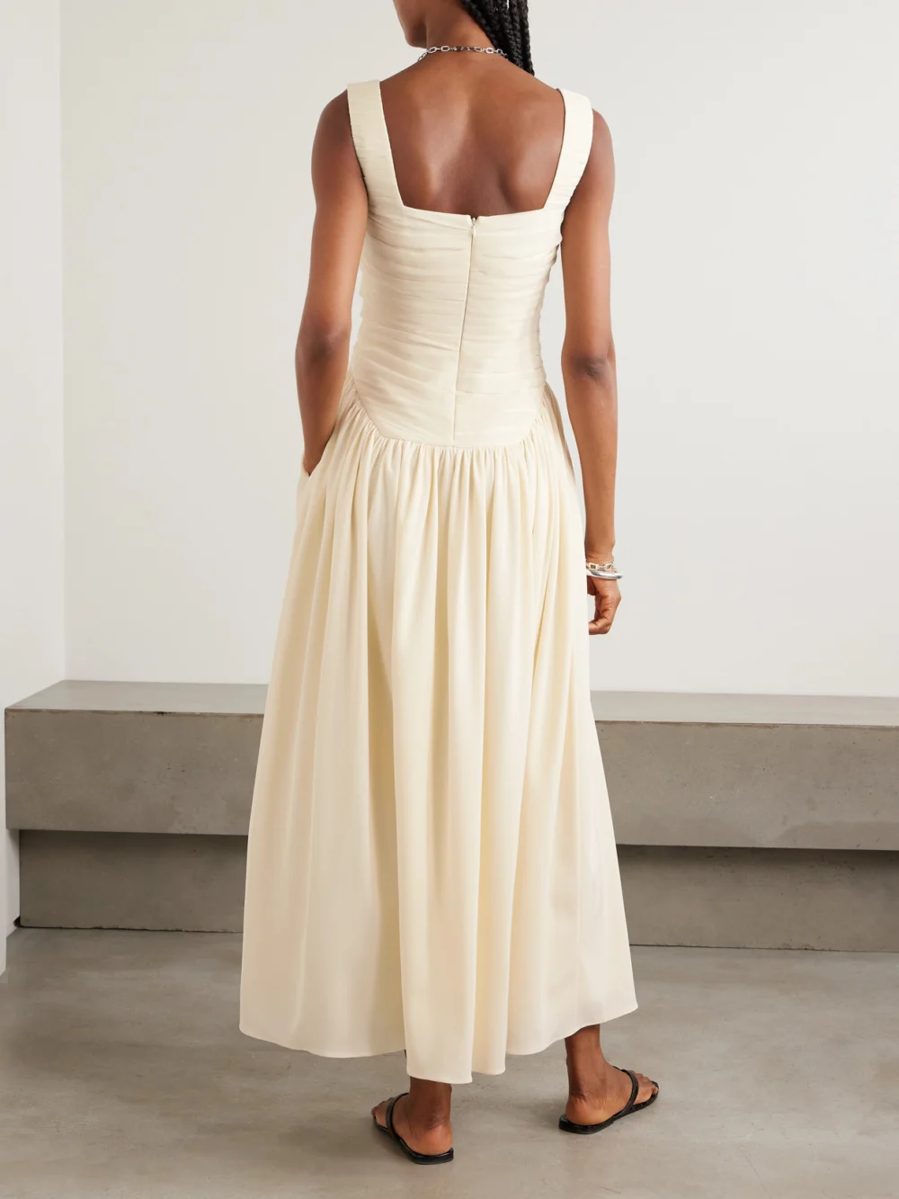 Back view of the Abadia Kaia Ruched Gathered Chiffon and Twill Midi Dress