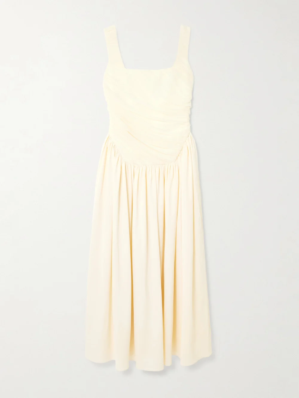 Abadia Kaia Ruched Gathered Chiffon and Twill Midi Dress in cream