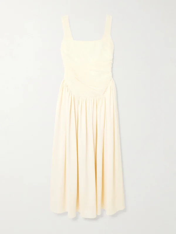 Abadia Kaia Ruched Gathered Chiffon and Twill Midi Dress