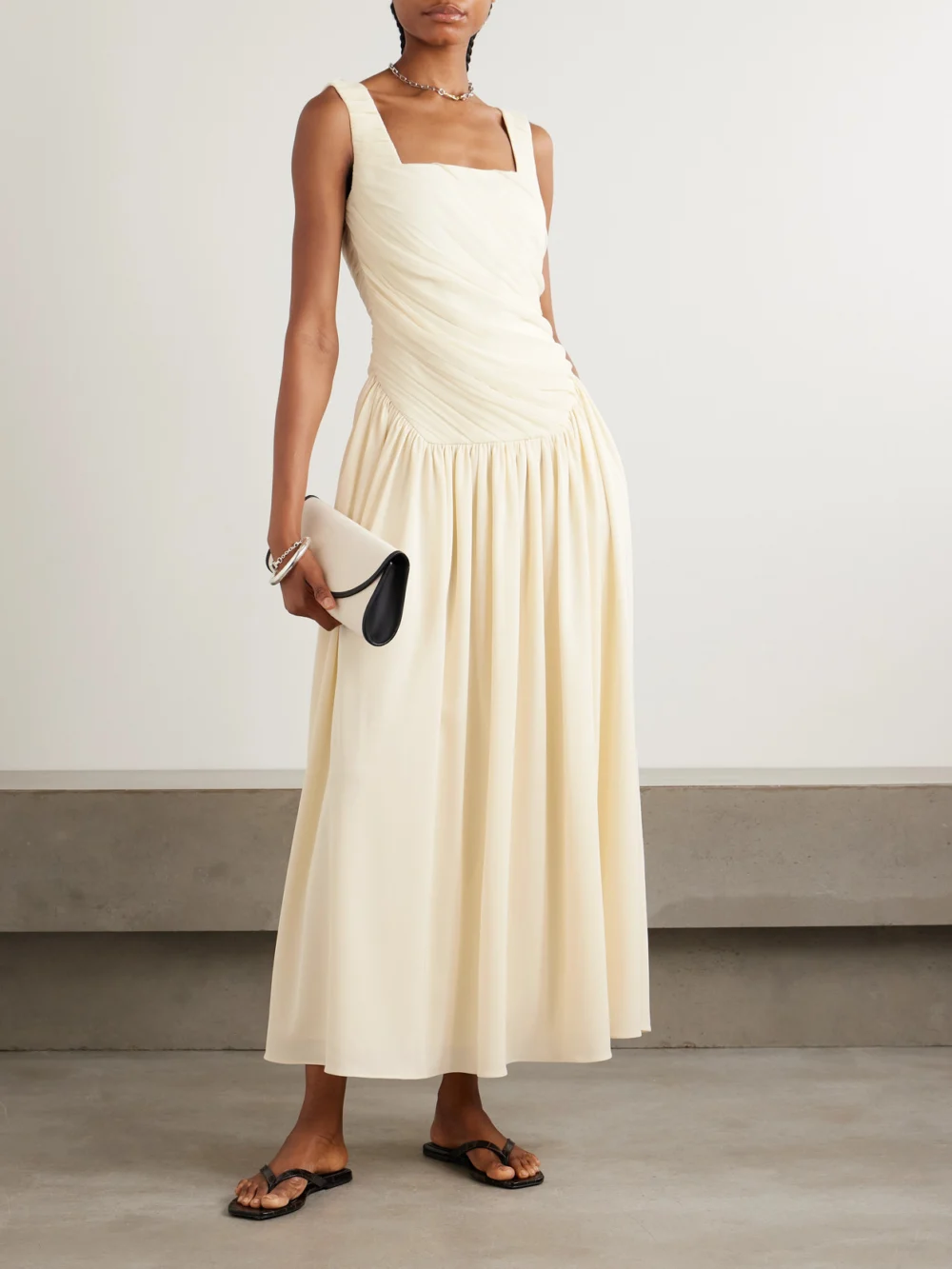 Abadia Kaia Ruched Gathered Chiffon and Twill Midi Dress, worn by a model