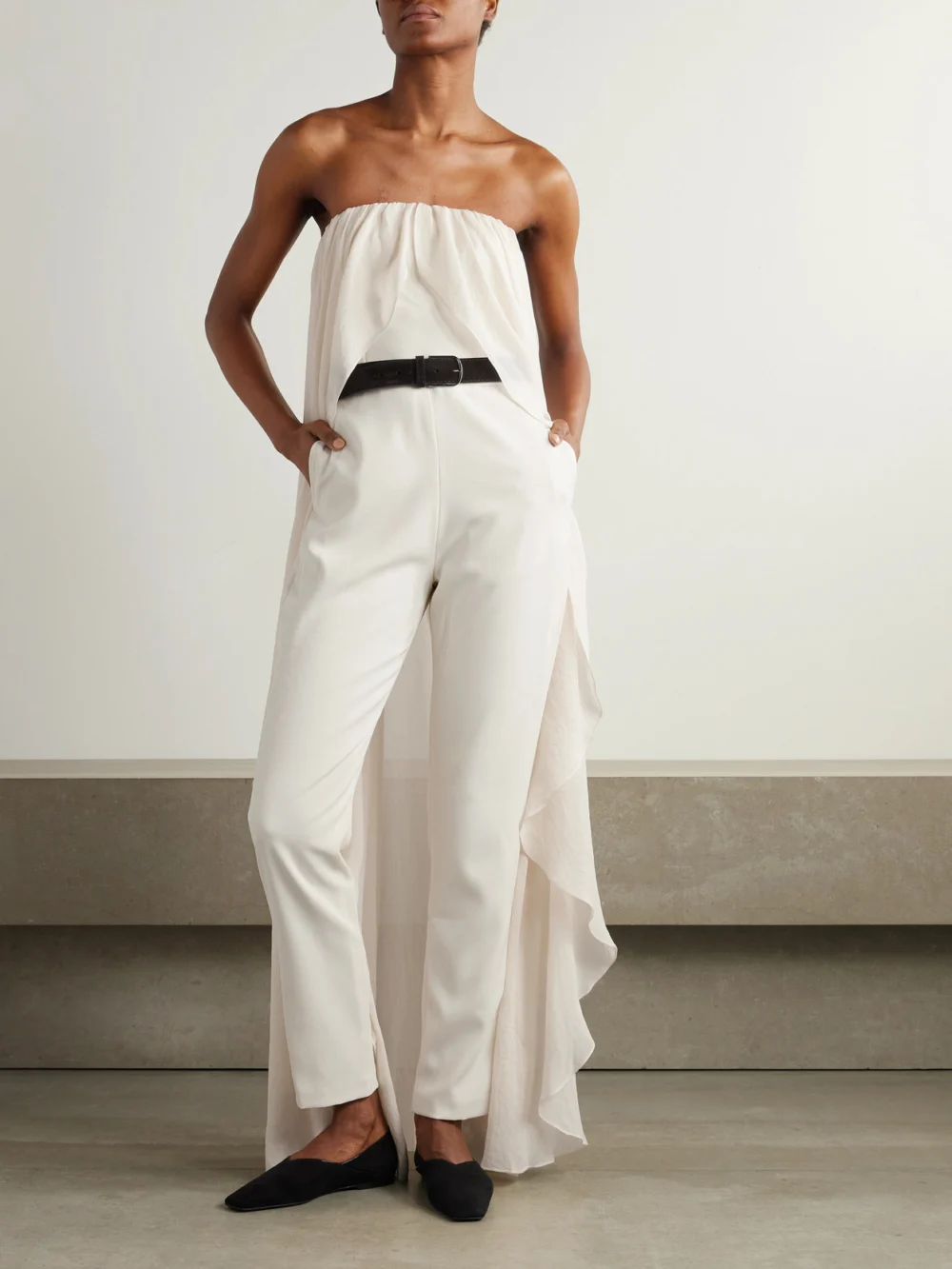 Abadia Liya Strapless Cape-effect Chiffon-trimmed Poplin Jumpsuit, worn by a model