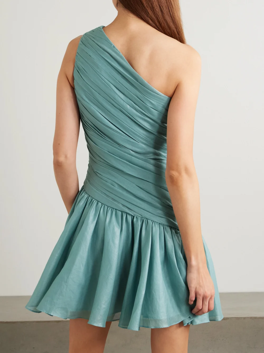 Back view of the Abadia Lulu One-shoulder Gathered Voile Mini Dress