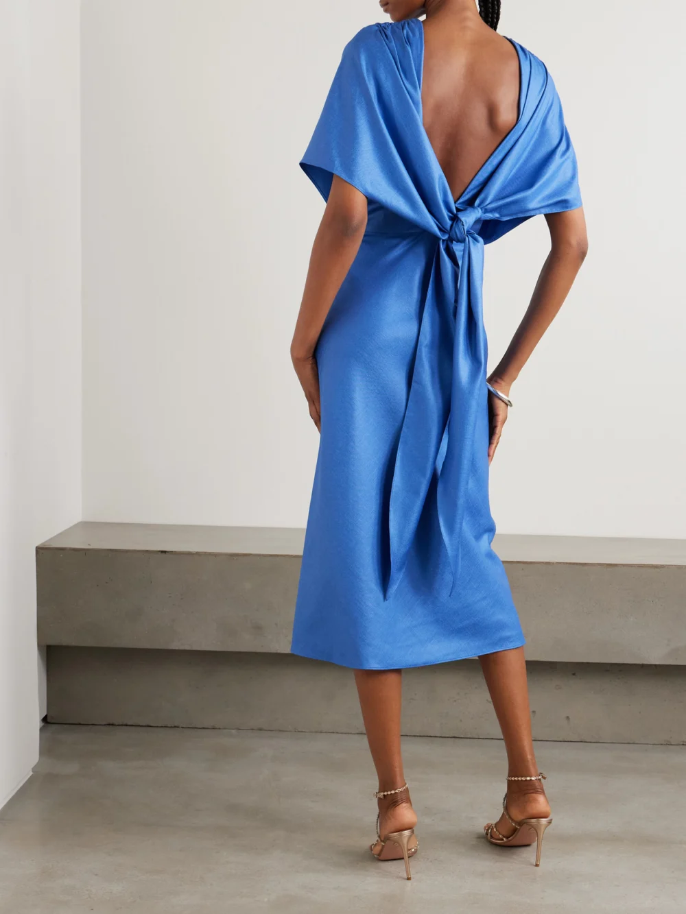 Back view of the Abadia Mira Layered Knotted Charmeuse Midi Dress