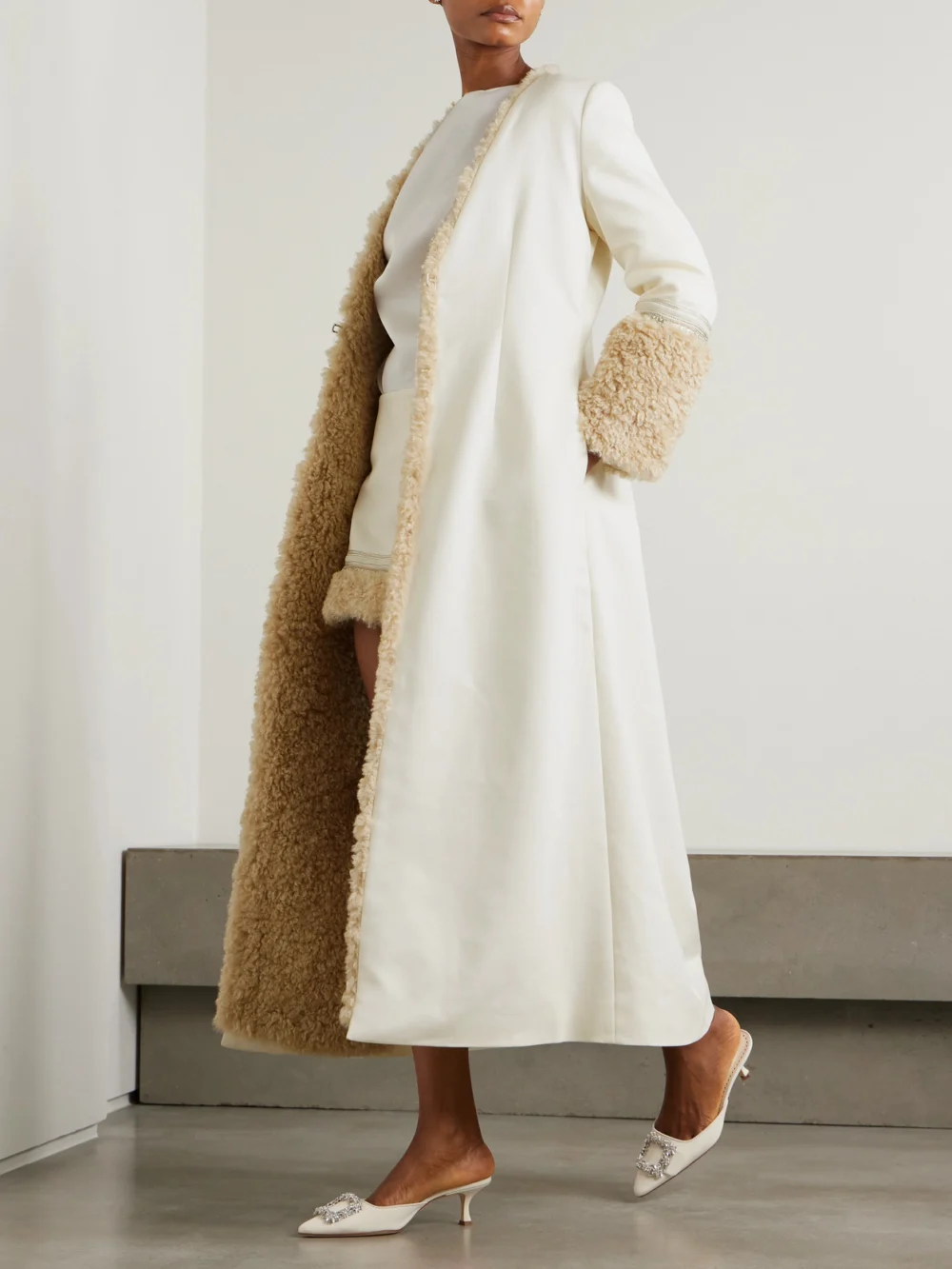 Abadia Naila Faux Shearling-lined Embellished Cotton-blend Coat, worn by a model