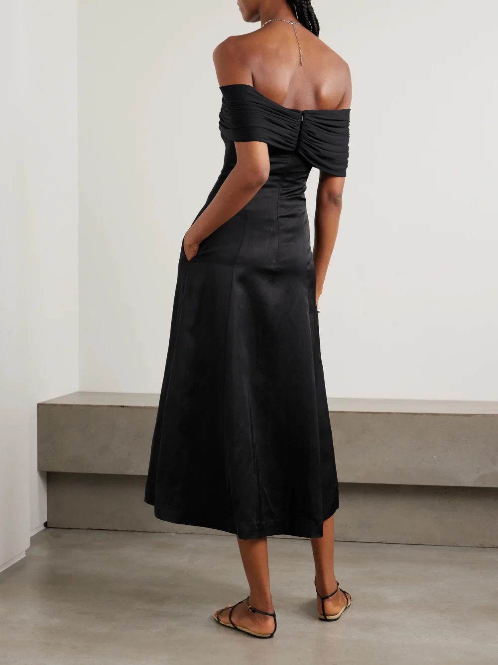 Back view of the Abadia Off-the-shoulder Voile and Stretch-bamboo Jersey Midi Dress