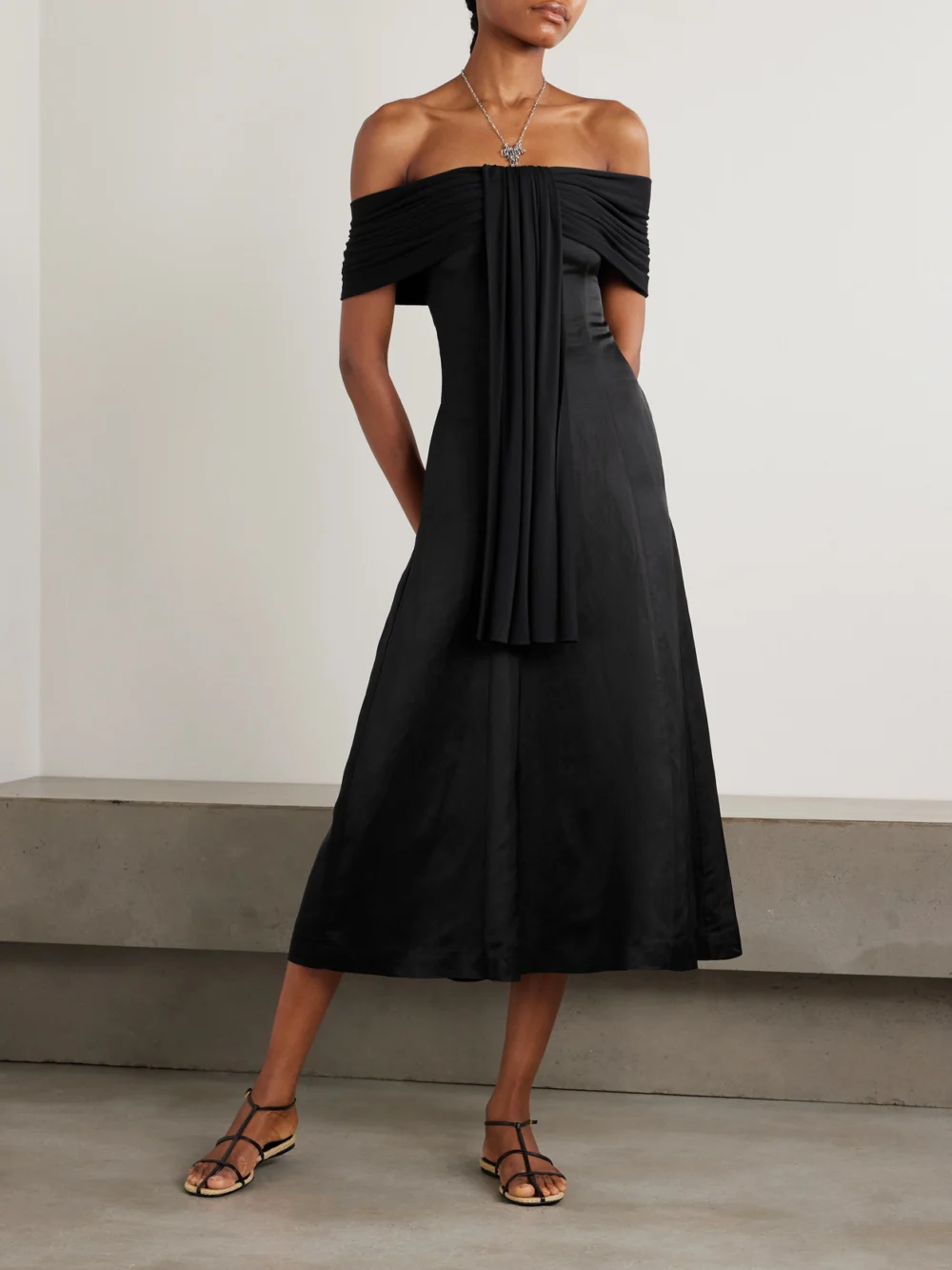 Abadia Off-the-shoulder Voile and Stretch-bamboo Jersey Midi Dress, worn by a model