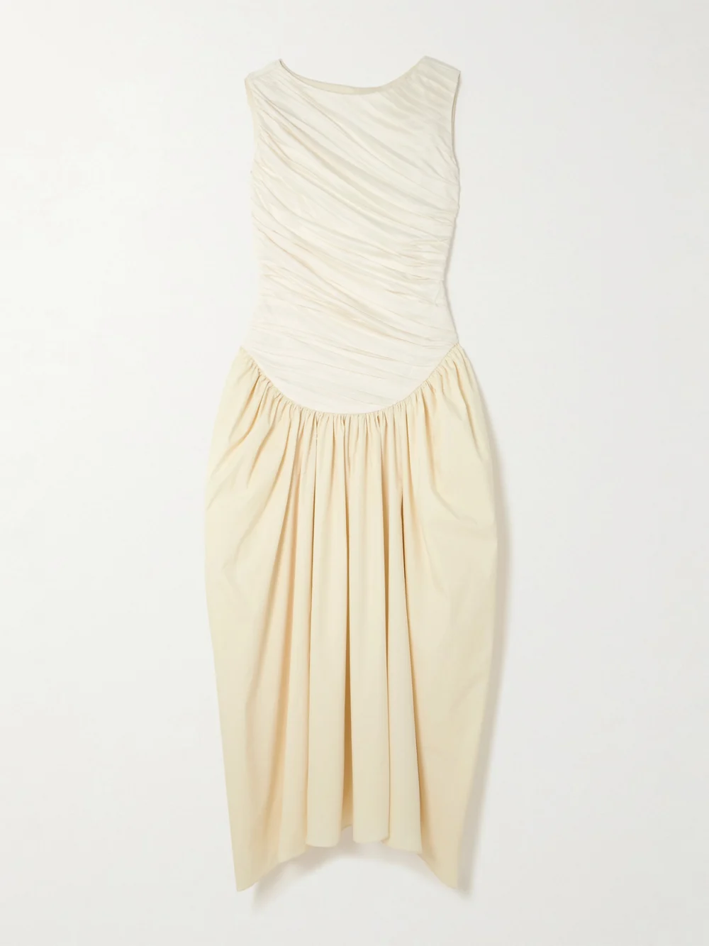 Abadia Ora Gathered Tencel™ Lyocell and Cotton-blend Poplin and Jersey Midi Dress in cream