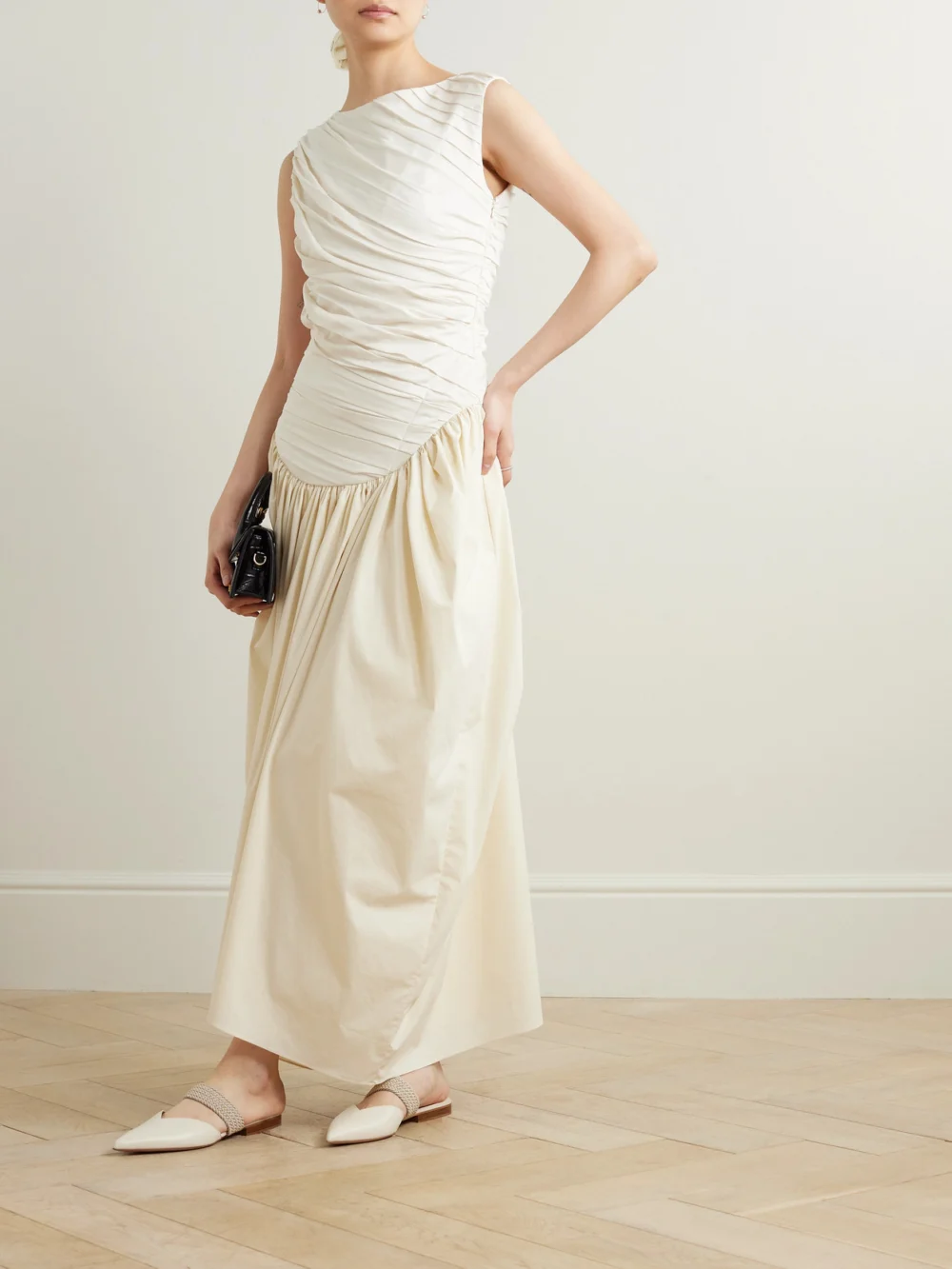 Abadia Ora Gathered Tencel™ Lyocell and Cotton-blend Poplin and Jersey Midi Dress, worn by a model