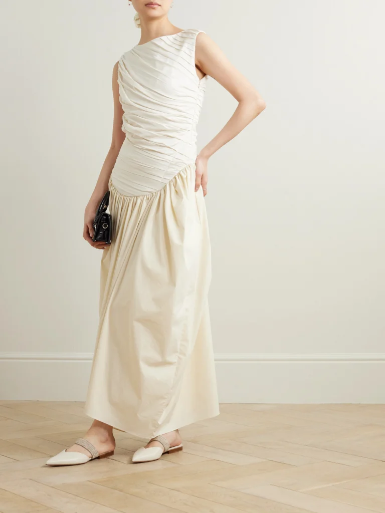 Abadia Ora Gathered Tencel™ Lyocell and Cotton-blend Poplin and Jersey Midi Dress
