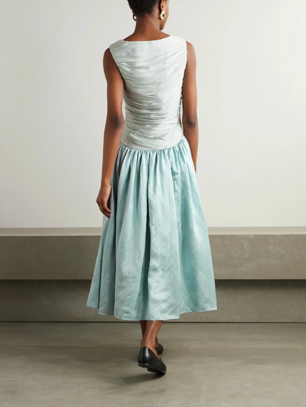 Back view of the Abadia Ora Pleated Gathered Chiffon and Dupioni Midi Dress