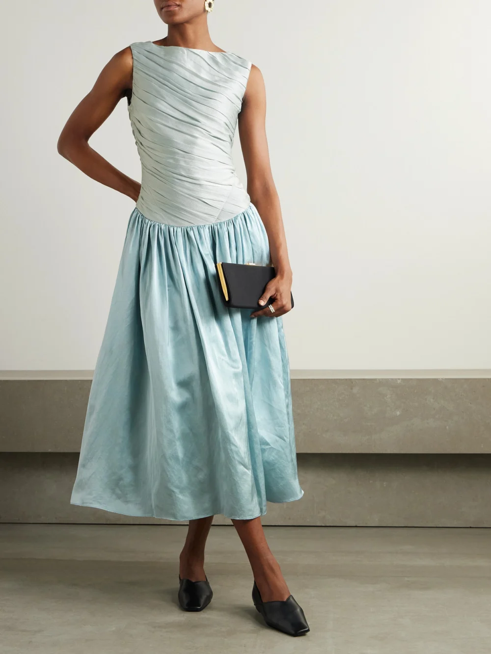 Abadia Ora Pleated Gathered Chiffon and Dupioni Midi Dress, worn by a model