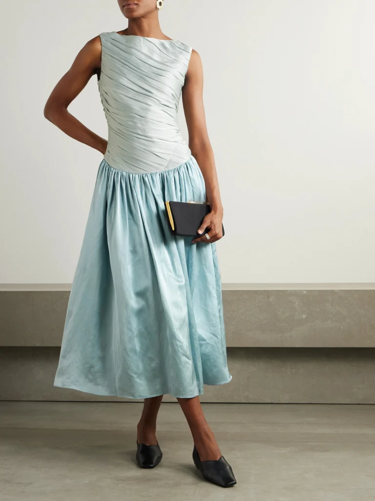 Abadia Ora Pleated Gathered Chiffon and Dupioni Midi Dress