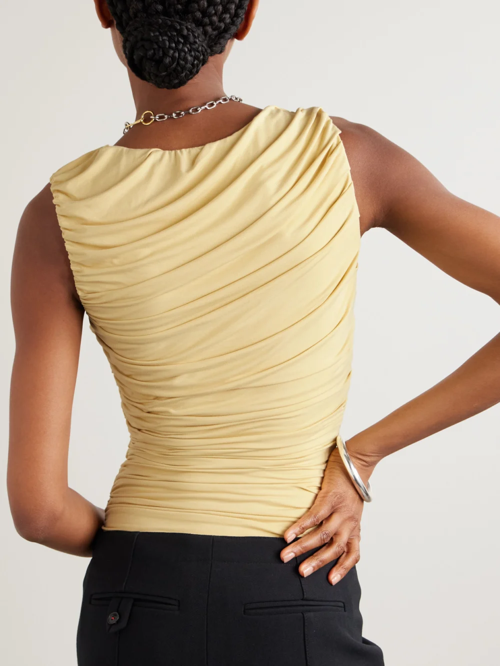 Back view of the Abadia Ora Ruched Stretch-bamboo Jersey Bodysuit