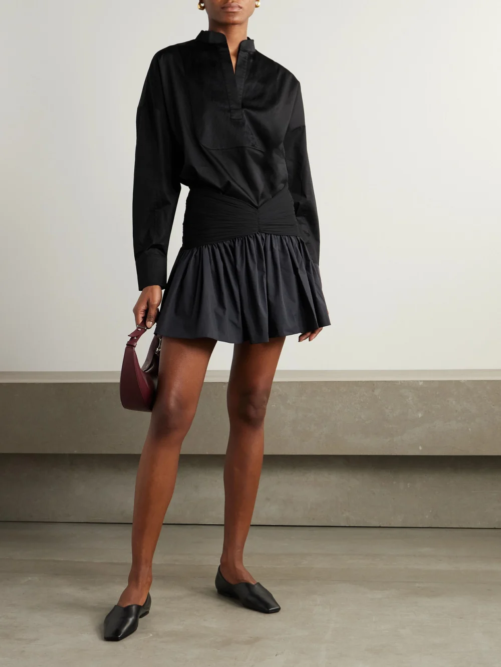 Abadia Ruched Chiffon-trimmed Poplin Mini Skirt, worn by a model