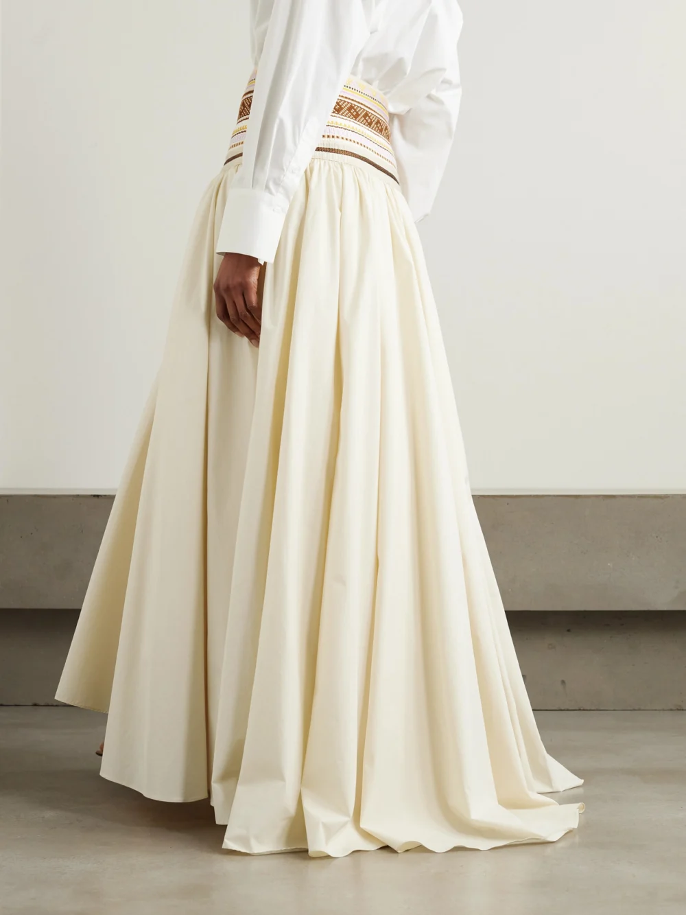 Back view of the Abadia Sadu Asymmetric Jacquard-trimmed Cotton-blend Poplin Maxi Skirt