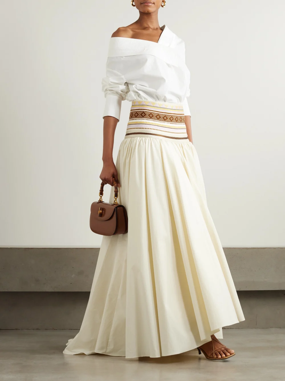 Abadia Sadu Asymmetric Jacquard-trimmed Cotton-blend Poplin Maxi Skirt, worn by a model