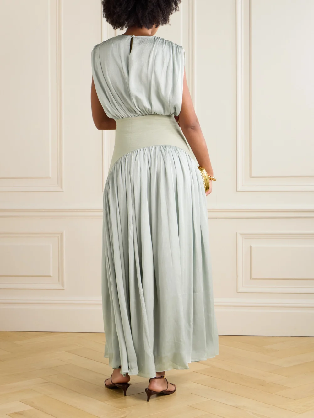 Back view of the Abadia Suri Pleated Twill-trimmed Crepon Gown