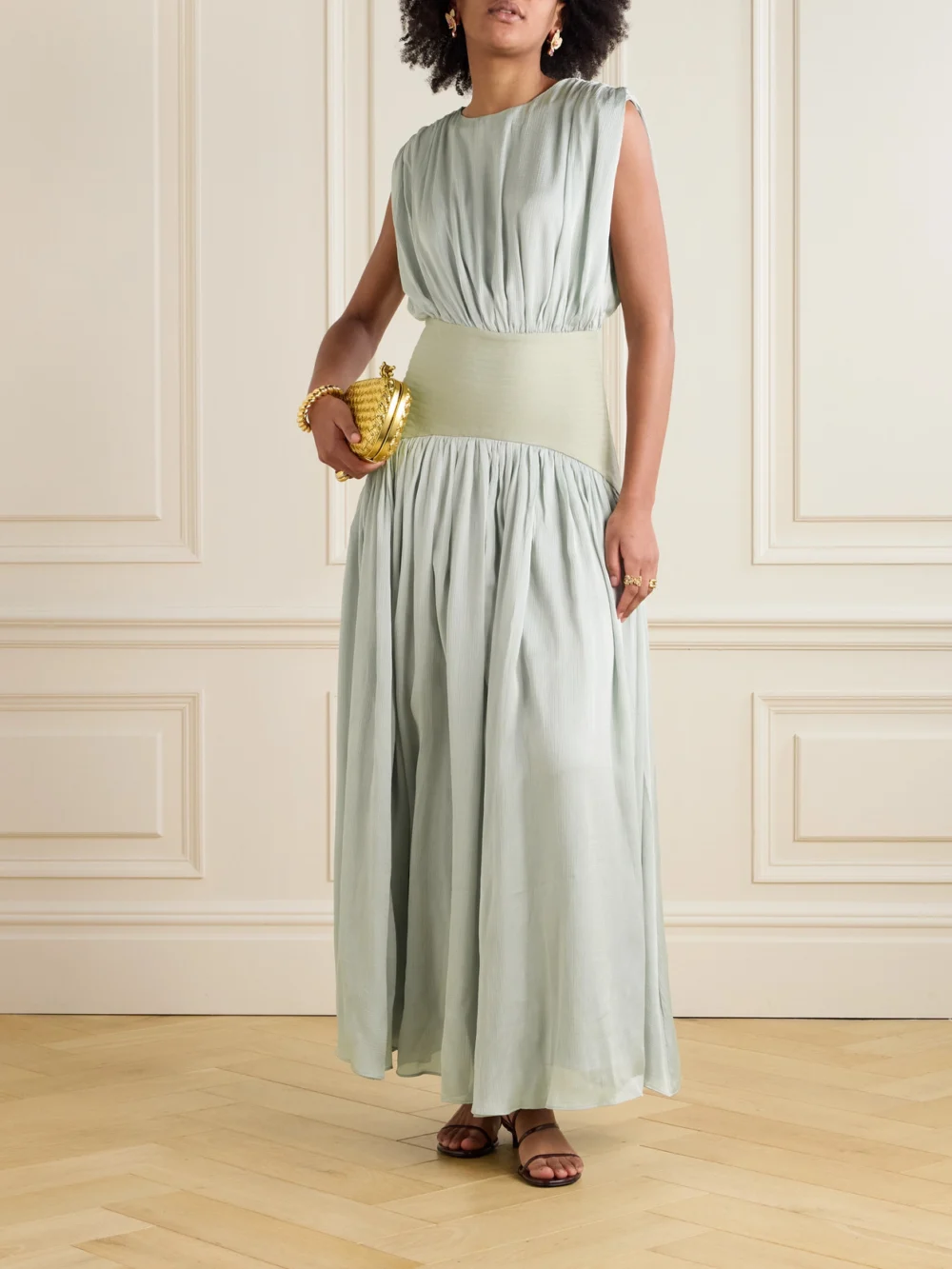 Abadia Suri Pleated Twill-trimmed Crepon Gown, worn by a model