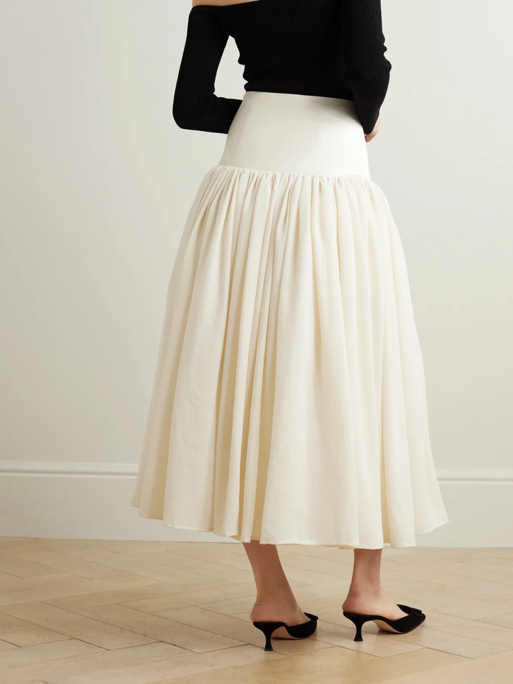 Back view of the Abadia Waterfall Satin-trimmed Crepe De Chine Midi Skirt