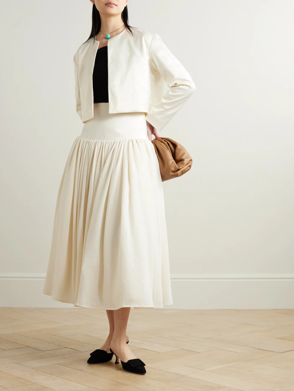 Abadia Waterfall Satin-trimmed Crepe De Chine Midi Skirt, worn by a model