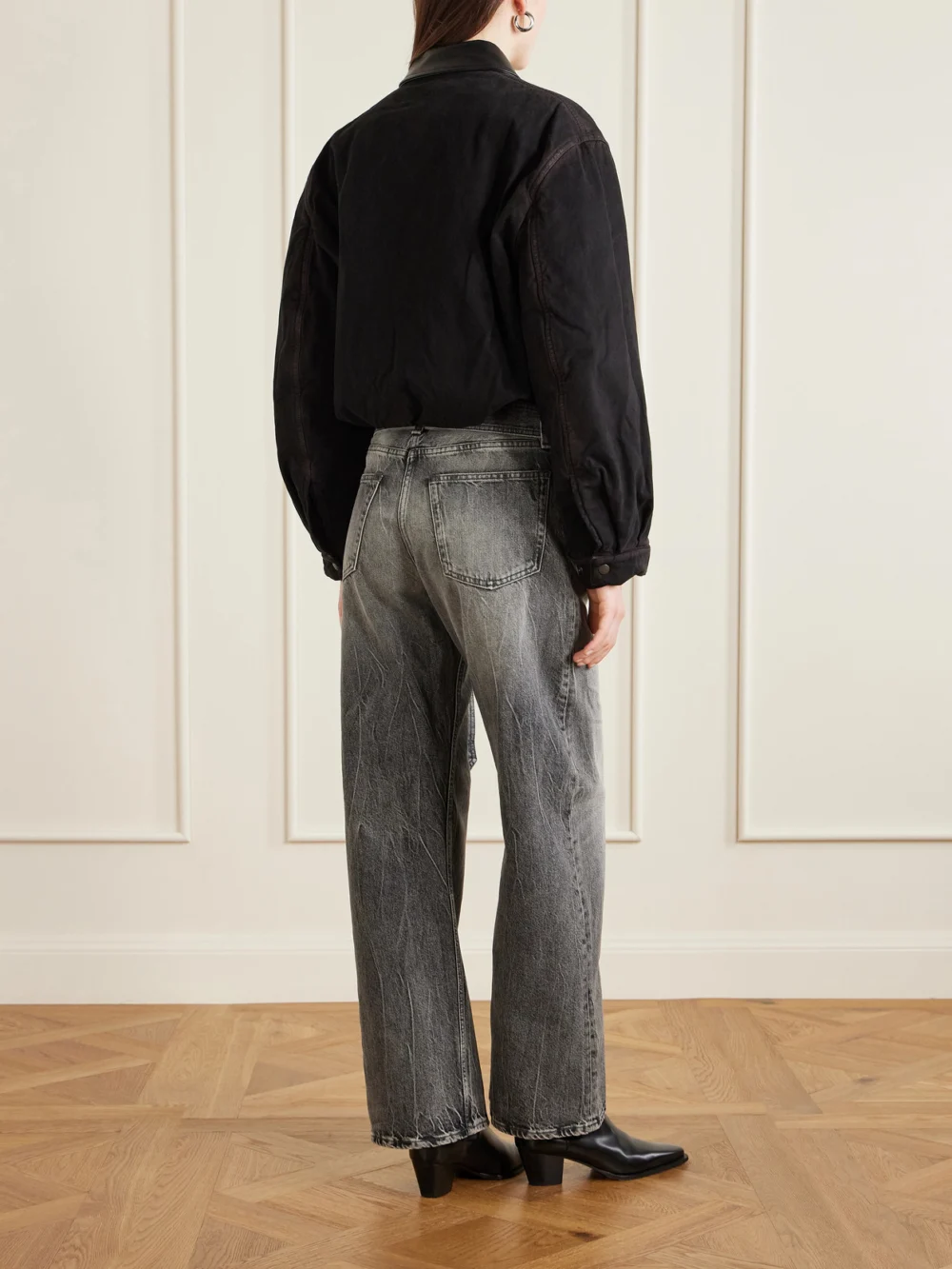 Back view of the Acne Studios Appliquéd Leather-trimmed Distressed Cotton-twill Jacket