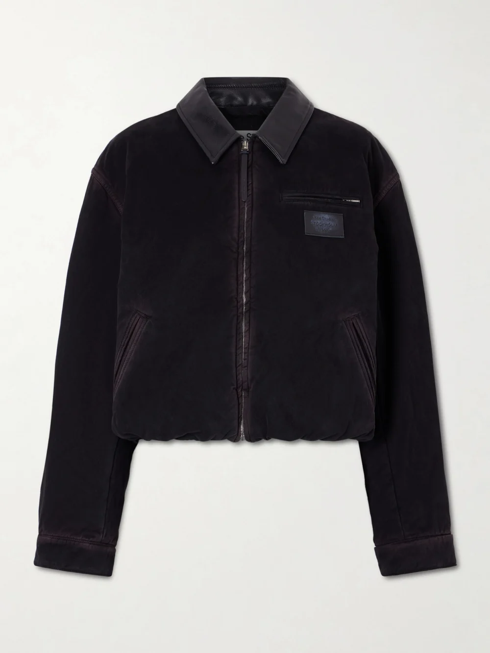 Acne Studios Appliquéd Leather-trimmed Distressed Cotton-twill Jacket in dark brown