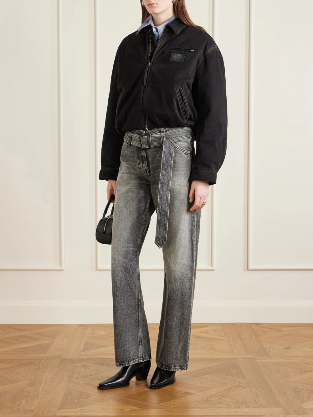 Acne Studios Appliquéd Leather-trimmed Distressed Cotton-twill Jacket, worn by a model