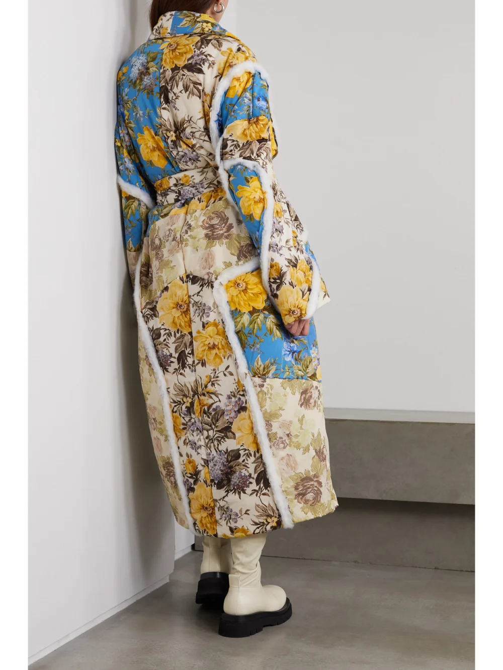 Back view of the Acne Studios Belted Cotton-trimmed Floral-print Cotton-shell Coat