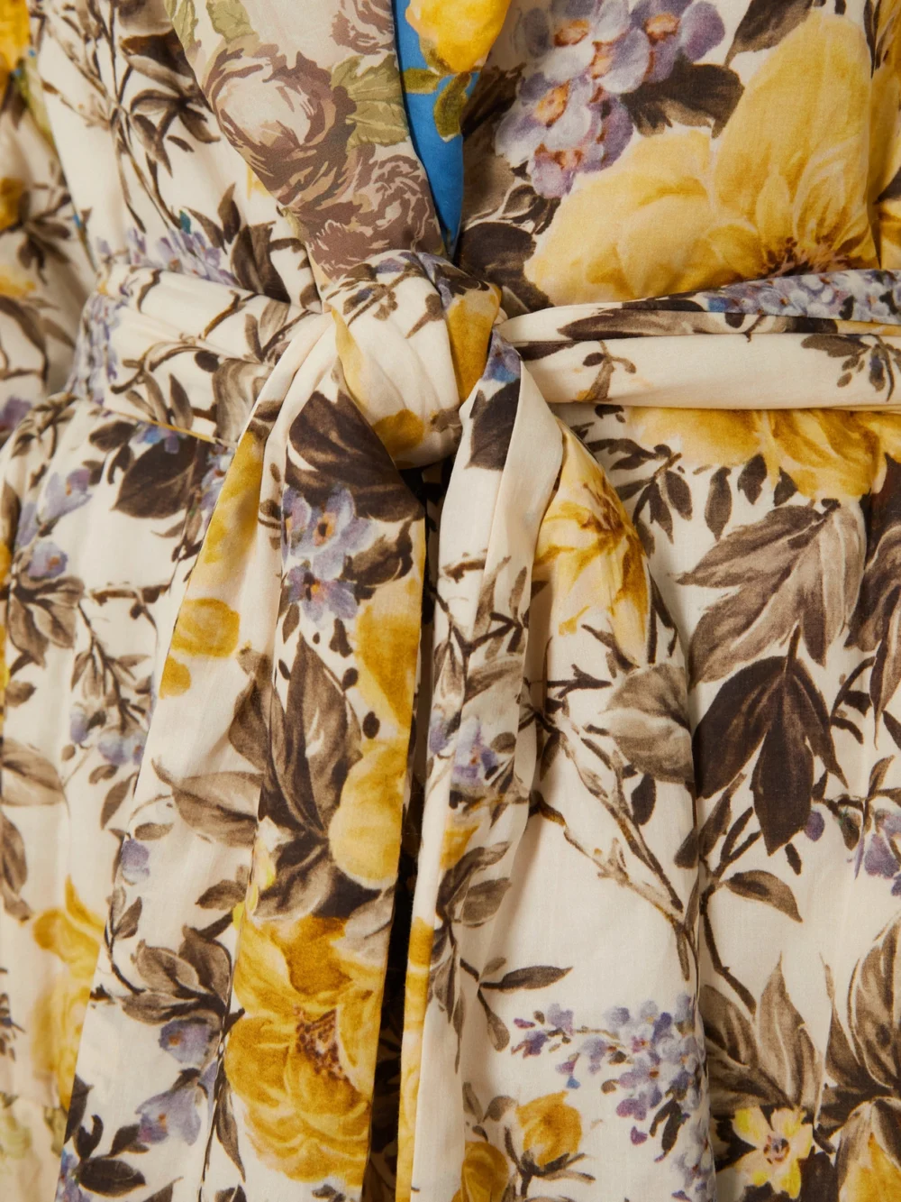 Close-up detail of the Acne Studios Belted Cotton-trimmed Floral-print Cotton-shell Coat