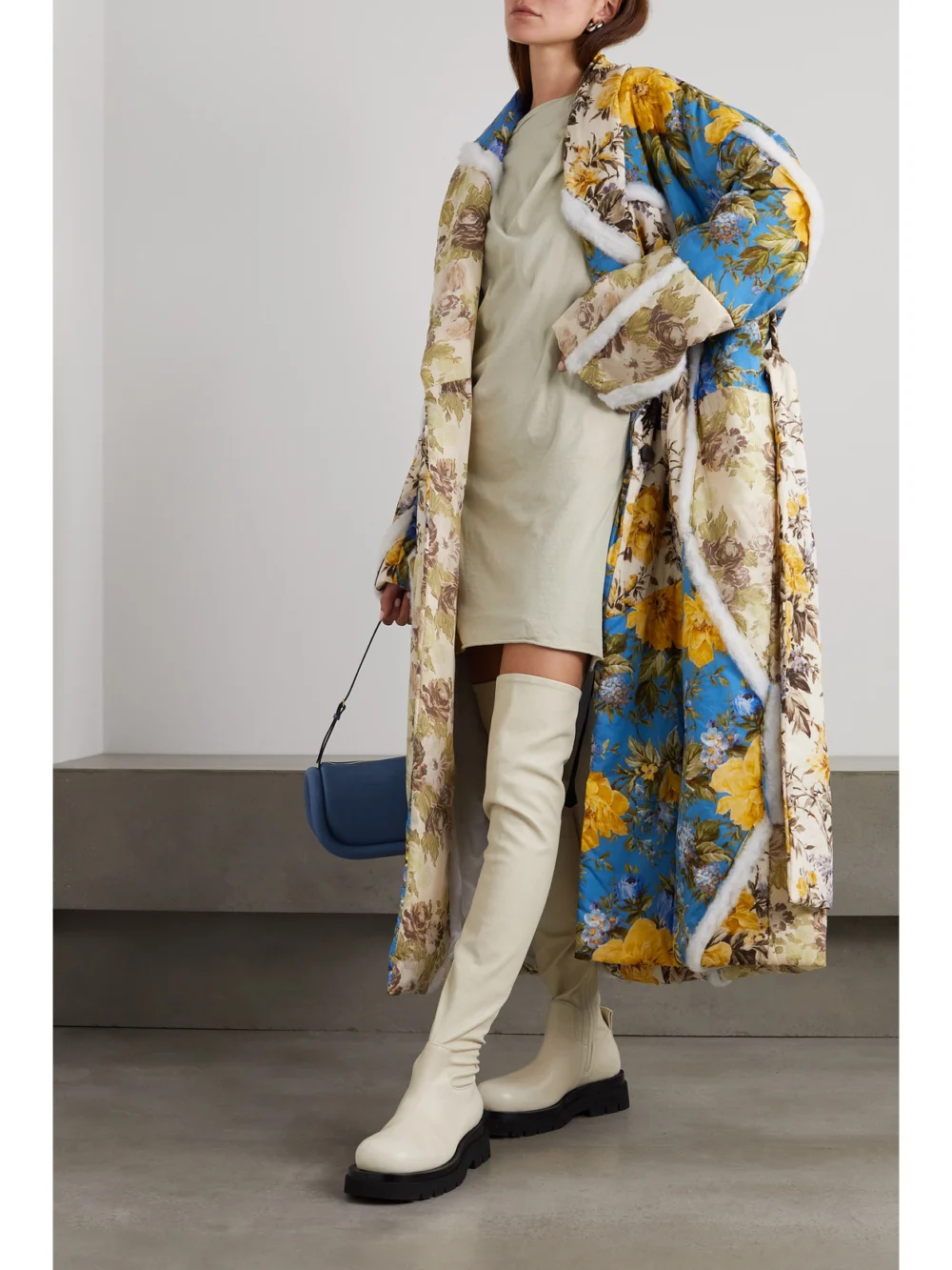Acne Studios Belted Cotton-trimmed Floral-print Cotton-shell Coat, worn by a model