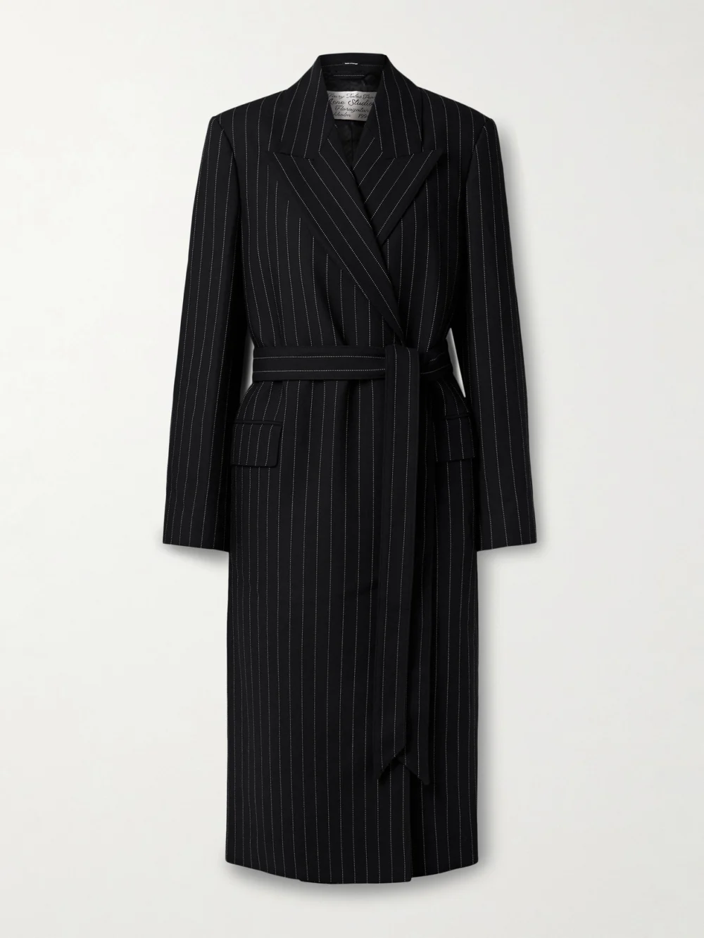 Acne Studios Belted Pinstriped Wool Coat in black