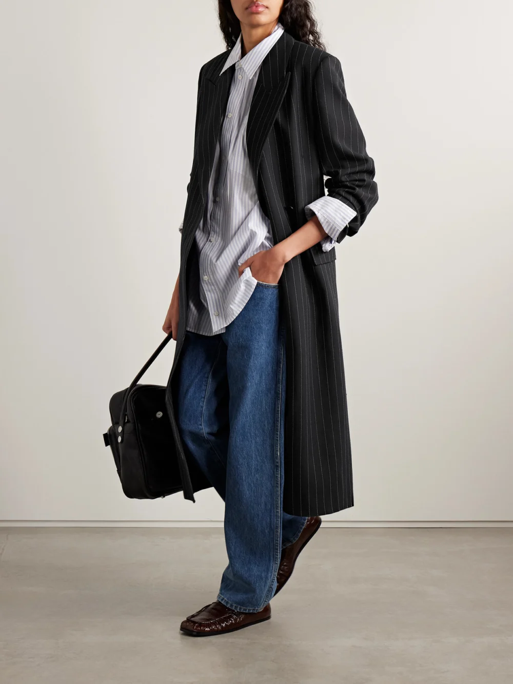 Acne Studios Belted Pinstriped Wool Coat, worn by a model