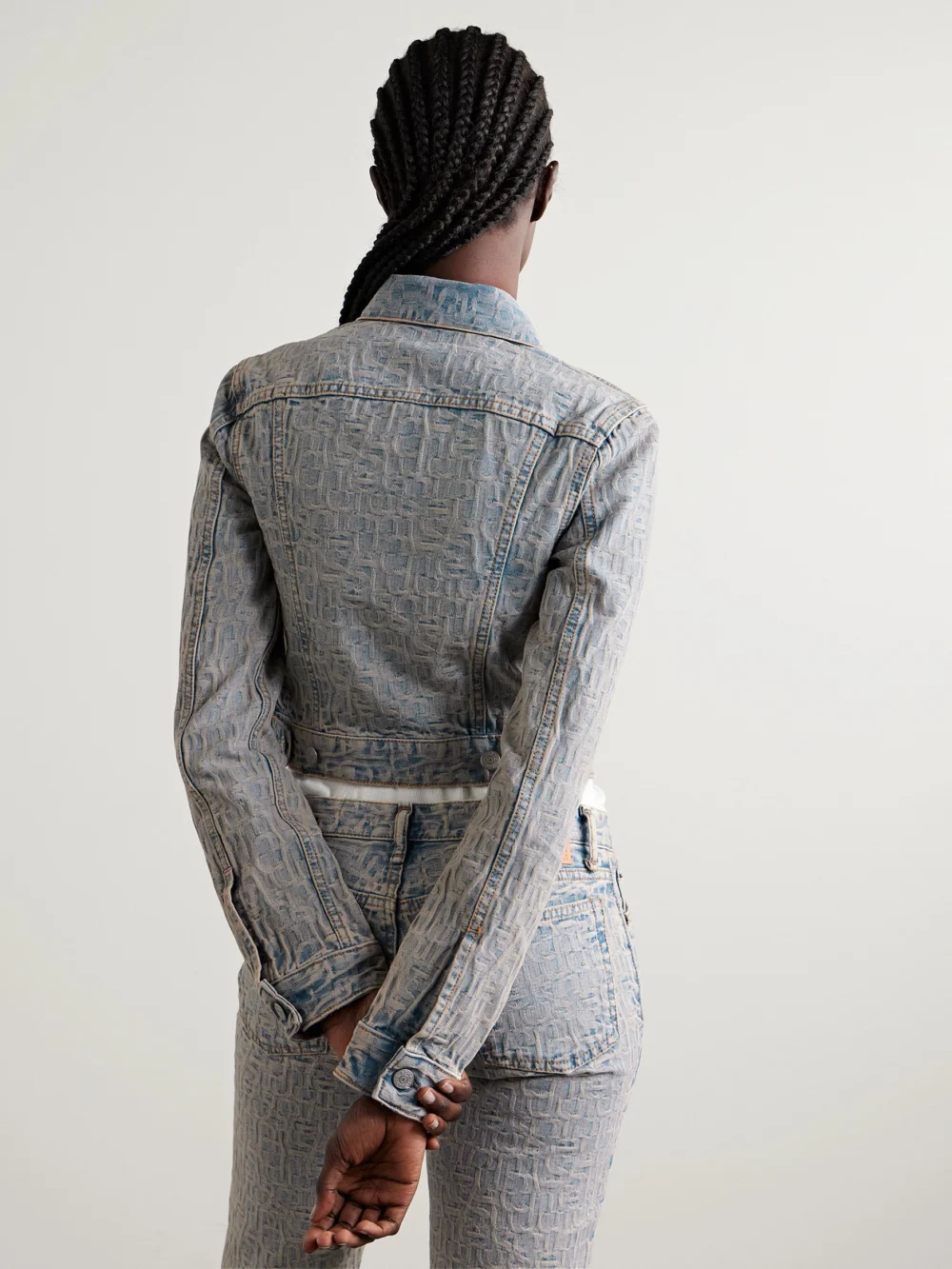Back view of the Acne Studios Cropped Denim-jacquard Jacket