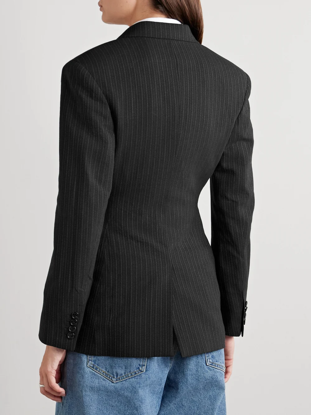 Back view of the Acne Studios Double-breasted Pinstriped Wool and Cotton-blend Blazer