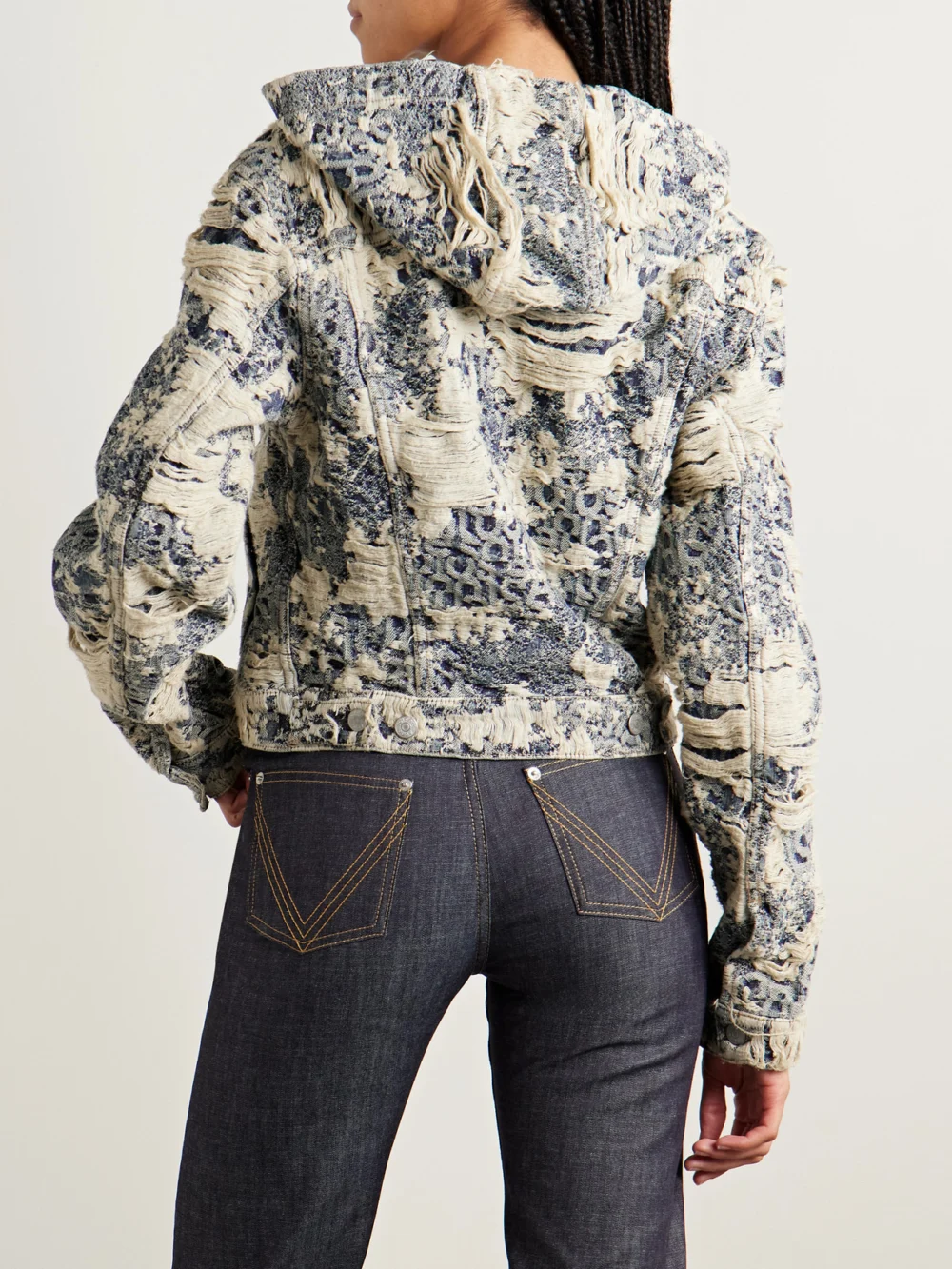 Back view of the Acne Studios Hooded Distressed Organic Denim-jacquard Jacket