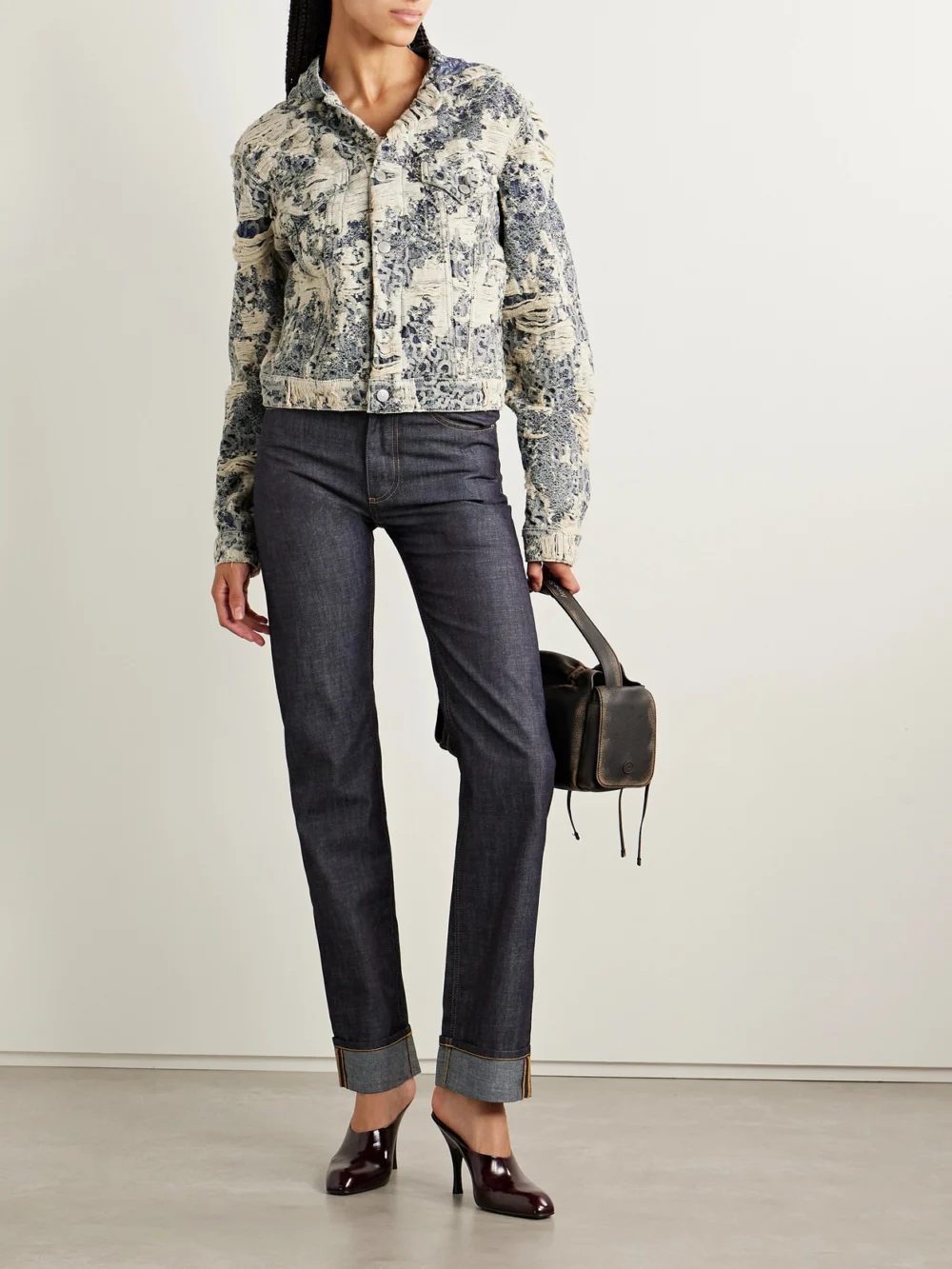 Acne Studios Hooded Distressed Organic Denim-jacquard Jacket, worn by a model