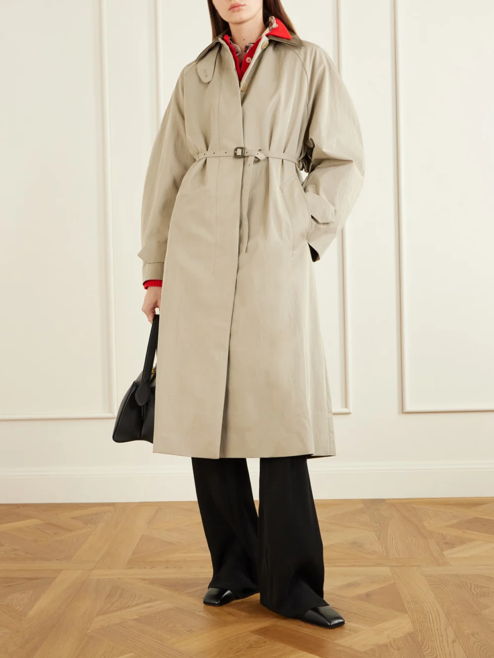 Acne Studios Ofelia Belted Leather-trimmed Cotton-blend Trench Coat, worn by a model