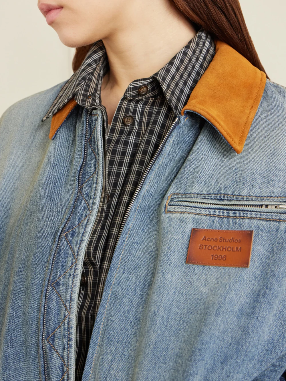 Close-up detail of the Acne Studios Suede-trimmed Denim Jacket