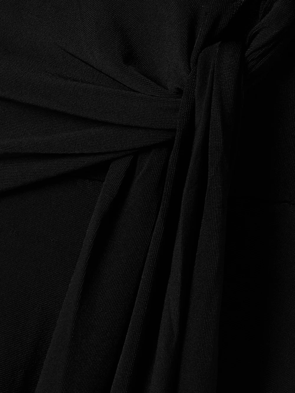 Close-up detail of the Adam Lippes Asymmetric Draped Fringed Stretch-knit Turtleneck Midi Dress