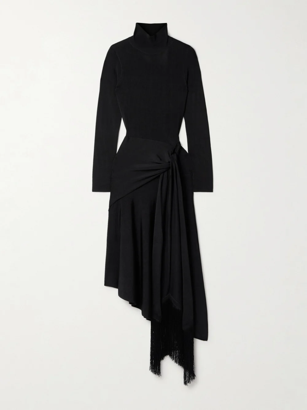 Adam Lippes Asymmetric Draped Fringed Stretch-knit Turtleneck Midi Dress in black