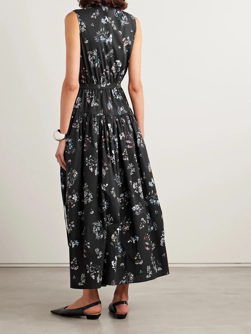 Back view of the Adam Lippes Belted Floral-print Cotton-poplin Midi Dress