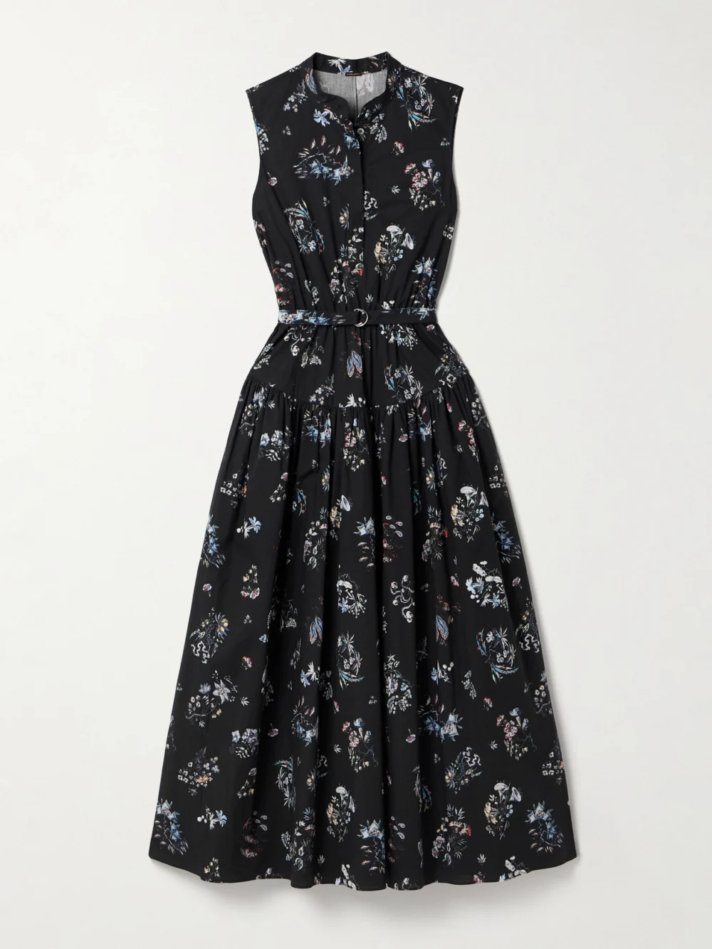 Adam Lippes Belted Floral-print Cotton-poplin Midi Dress in black