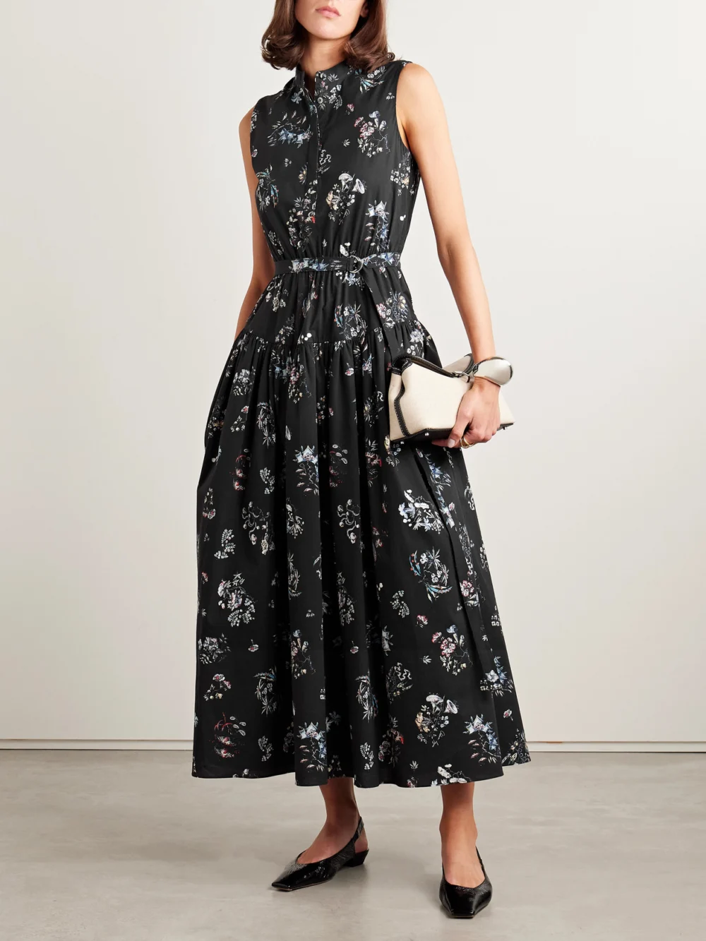 Adam Lippes Belted Floral-print Cotton-poplin Midi Dress, worn by a model