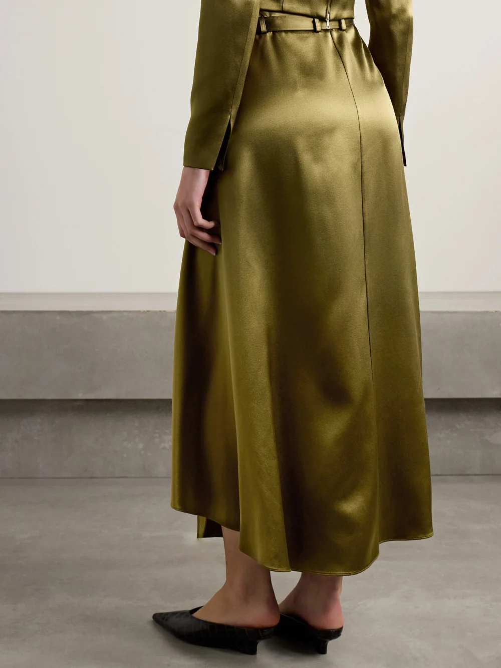 Back view of the Adam Lippes Bruna Wrap-effect Belted Silk-charmeuse Midi Skirt